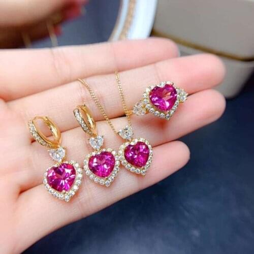 Fine Jewelry Set 3 Carat Genuine Red Corundum Heart-shaped Full Diamond Adjustable Ring Ear Buckle Pendant Necklace Hot Sale