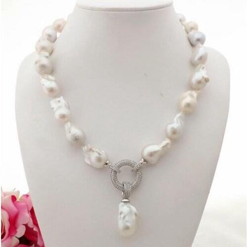 Natural 12-18 mm White reborn Keshi Pearl Necklace CZ Pendant 18"