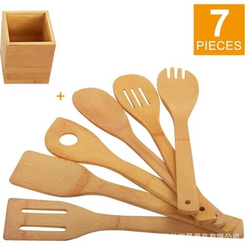 New 7Pcs Bamboo Kitchen Cooking Utensils Set Wooden Spoons & Spatula Kitchen Cooking Tools Set for Nonstick Cookware and Wok