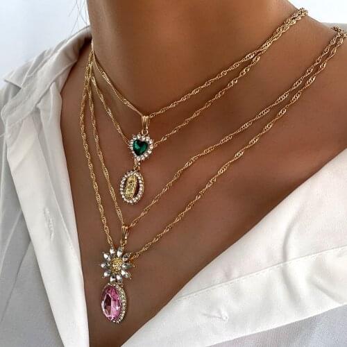 4 Pcs/Set Crystal Heart Charm Twisted Chain Necklaces For Women Multilayer Golden Maria Flower Necklace Sets Wedding Jewelry