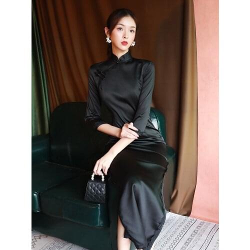 Black Long Qipao Oriental Dress Realsilk Stand Collar Retro Sexy Cheongsam Chinese Traditional Summer Tight Fitting Dress
