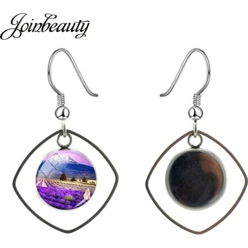 JOINBEAUTY 2020 Purple Lavender Glass Cabochon Drop Earrings Flower Art Picture Geometry Hollow Out Dangle Earrings Jewelry YC02