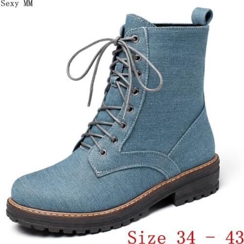 Summer Autumn Women Low Med Heels Mid Calf Boots Denim Motorcycle Shoes Woman Low Heel Short Boots Plus Size 34 - 40 41 42 43