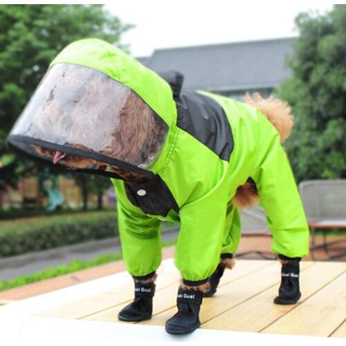 Dog Raincoat with Hat Green Jumpsuit Waterproof Pet Jacket Four-legged Water Resistant Clothes for Small Big Dogs XS-4XL Size
