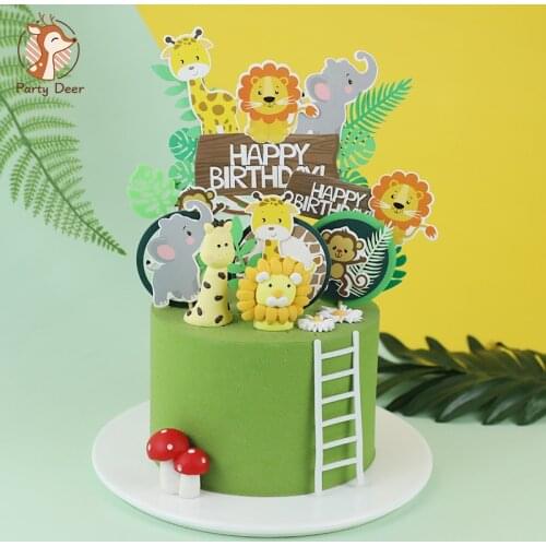 Jungle Animals Cactus Cake Toppers Happy Birthday Decorations For Childrens Day Boy Girl Party Baking Sweet LoveGifts Supplies