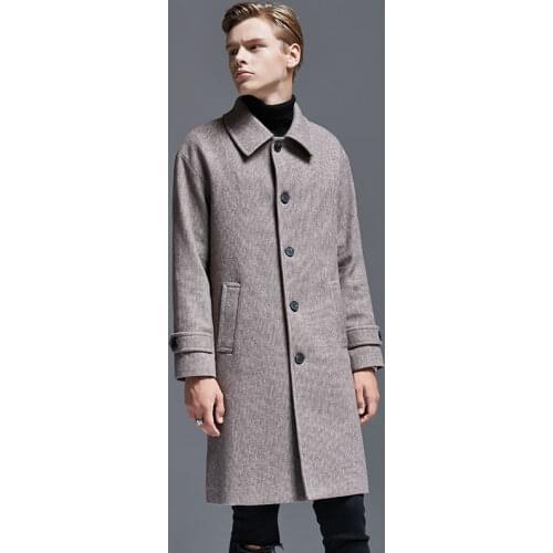 New Mens Minimalist Single Breasted Woolen Trench Coat Jacket Men Urban Fashion Loose-Fit Middle Long Coats and Jackets