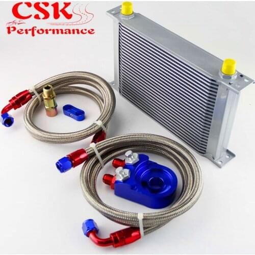 Universal 25 Row 248mm AN8 Engine Transmission Oil Cooler British Type + Aluminum Filter Adapter Kit Black/Blue