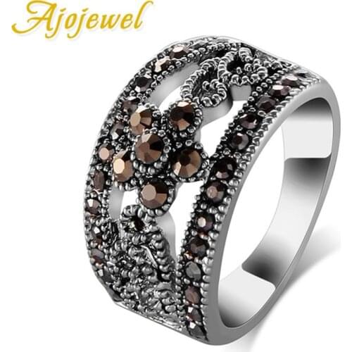 Ajojewel Vintage Jewelry Womens Rings Flower Design Black Marcasite Band Ring 5.5 7 8 9 10