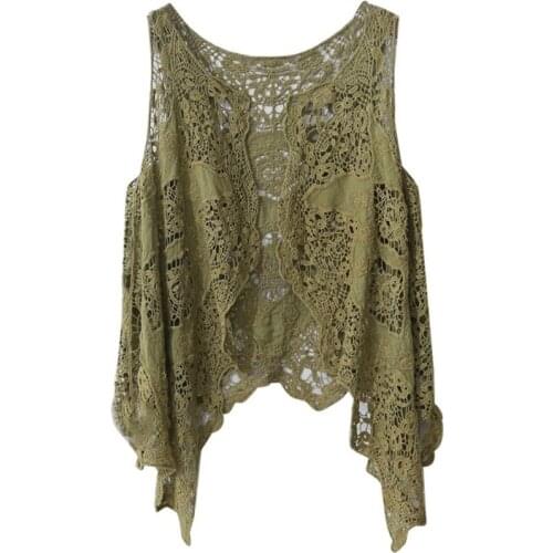 Women Summer Sleeveless Open Front Cardigan Boho Hollow Out Crochet Lace Solid Color Vest Drape Asymmetrical Hem Hippie Shawl Up