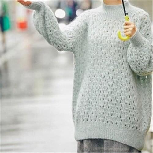 100% hand made mohair knit women fashion solid hollow turtleneck loose thin pullover sweater white 5color customized