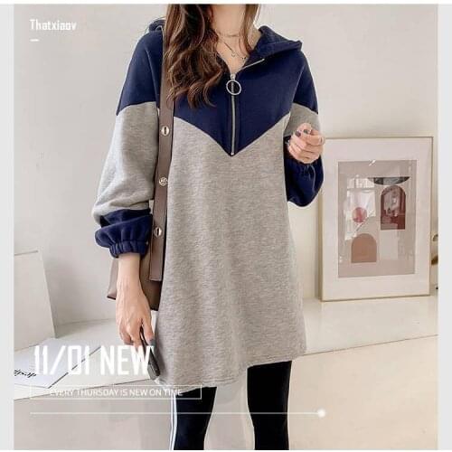 Plus Size Ladies Street Style Autumn Loose Pullover Female Hooded Mid-length Stitching Contrast Color Zipper Long-sleeved Hoodie