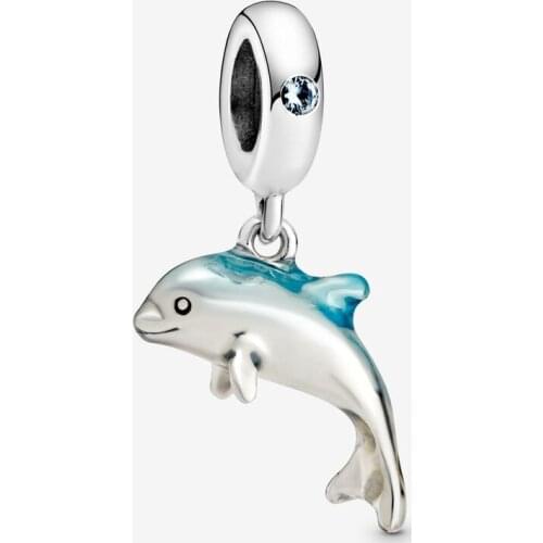 New Original 925 Sterling Silver Bead Shimmering Dolphin Dangle Charm Animal Fit Pandora Bracelet Necklace DIY Women Jewelry