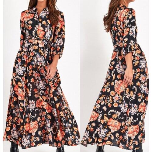 Bohemian Sashes Dresses Floral Print Long Maxi Dress Women Elegant Casual Turn Down Collar Shirt Dress Three Quarter Sleeve