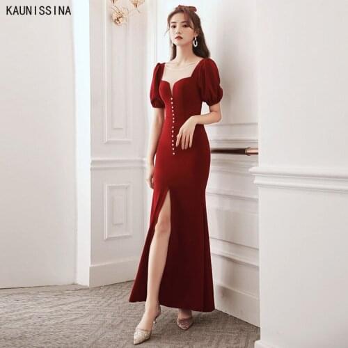 KAUNISSINA Wine Red Bride Dress Women Plus Size Wedding Dresses Mermaid vestidos de novia Short Sleeve Ankle-Length Bridal Gowns