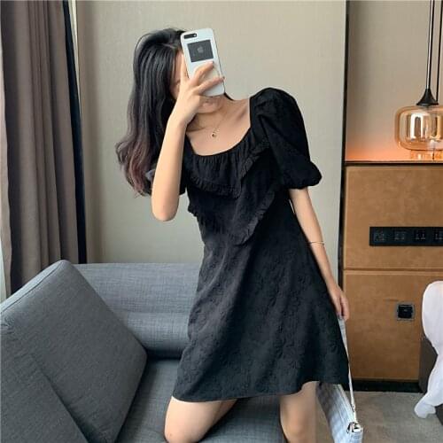 Large size fat mm black jacquard bubble sleeve square collar dress female slim French retro Hepburn little black dress in summer