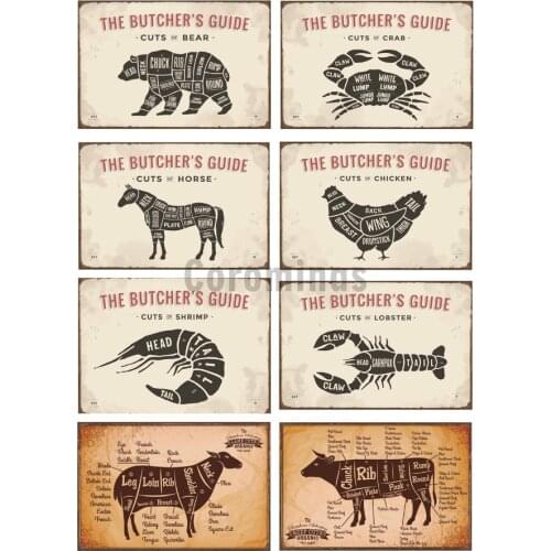 1pcs Vintage Seafood Cow Metal Tin Signs Poster Restaurant Decor Poster Animal Sheep Fish Shrimp Crab Retro Wall Sticker Decor