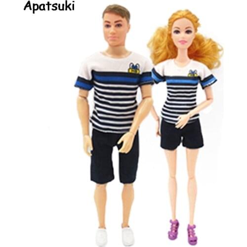 2sets/lot Striped Sea Blue Casual Wear Costume for Barbie Doll Outfits Top Shirts Shorts Pants Clothes for Ken Boy Male Doll