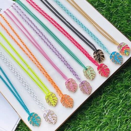5PCS, Women Fashion Curb Chain Necklace IEnamel Leaf Pendant Necklace Vintage Collier Femme Gifts