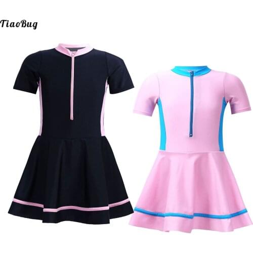 TiaoBug Summer Kids Girls Patchwork One-Piece Swimwear Stand Collar Short Sleeves Front Zipper Dress With Built-In Shorts Bikini