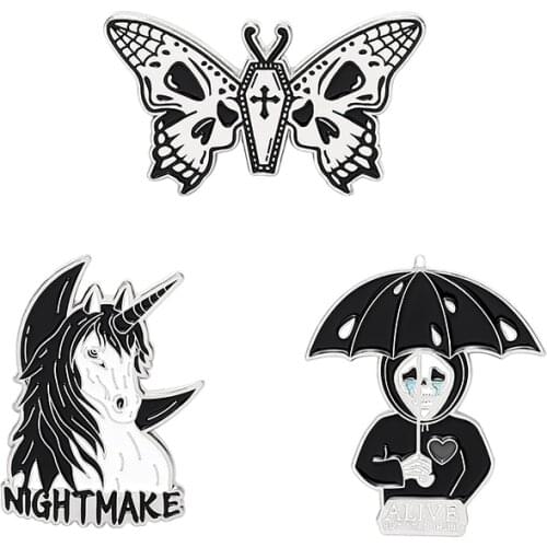 Gothic Skull Enamel Pin Custom Horse Umbrella Skeleton Butterfly Brooch Bag Clothes Lapel Pins Badge Punk Jewelry Gift for Women