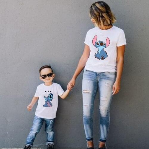 Lovely Cartoon Stitch Printed Family Matching Outfits High Quality Unisex Short-sleeved Summer Baby Boys and Girls Soft T-shirts