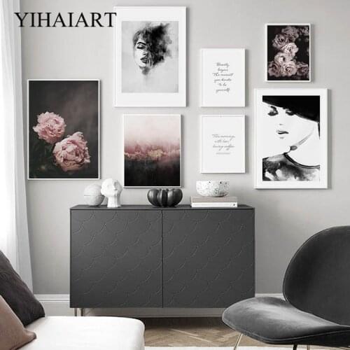 Fashion Black White Woman Painting Rose Flower Canvas Wall Art Print Nordic Floral Poster Girl Room Home Decoration Picture