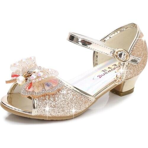 Fashion Crystal Bow Princess High Heels Shoes For Girl Beach Child Leather Sandals Kids Summer Sequins Shoes 3 6 10 11 12 Years