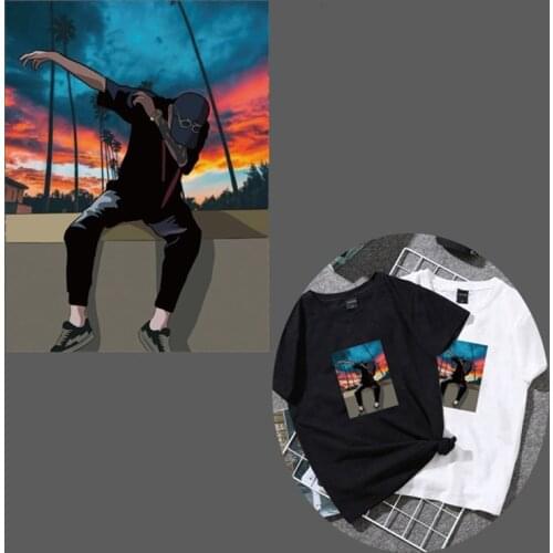 Night Sunset Glow Patches Korean Handsome Boy Heat Transfer Appliques Iron On Transfer Stickers for Clothes Coat T-shirt Decor