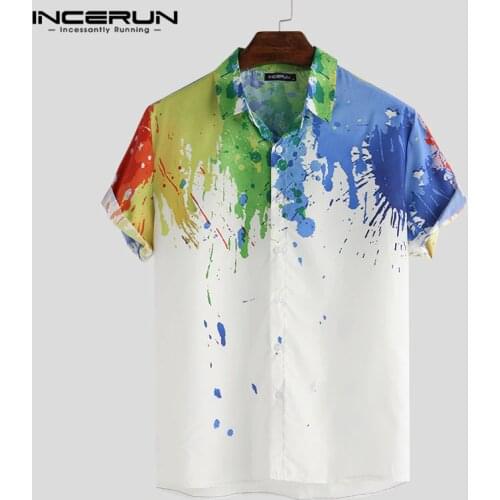 New Fashion Men Brand Shirt Splashed Ink Print Short Sleeve Lapel Neck Camisa Business Casual Shirts Men INCERUN Plus Size 2021