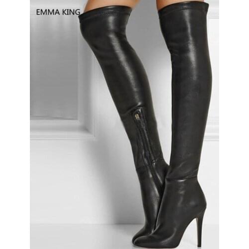 New Black Stretch Women Winter Thigh High Boots Leather Round Toe High Heels Shoes Stilettos Sexy Ladies Over The Knee Long Boot