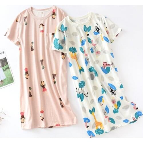 New Women Nightgown Summer Cotton Cute Girl Fashion Printing Sleepwear Short Sleeve Round Neck Sleepshirts Home Night Dress