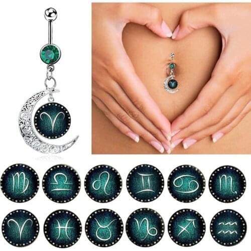 1PC Sexy Navel Piercing Belly Ring 12 Constellation Belly Button Rings Barbell Bar Dangling Ombligo for Women Body Jewelry 14g