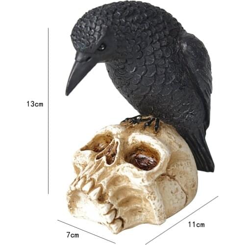 Reneecho Black Raven on Skeleton Skull Statue Figurine Halloween Home Decor Gift