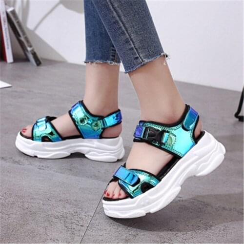 Siddons Fashion Laser Women Summer Platform Sandals Open Toe Ankle Strap Wedges Shoes Ladies Lightweight Sneakers Female Sandals