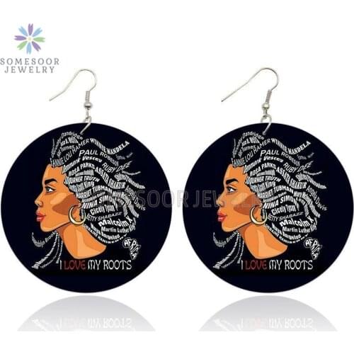 SOMESOOR Love My Roots African Wooden Drop Earrings Black Sayings Afro Natural Hair Designs Both Sides Printed For Women Gifts