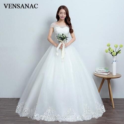 VENSANAC 2018 Sequined Ball Gown Lace Appliques Wedding Dresses Tassel Short Cap Sleeve O Neck Backless Bridal Dress
