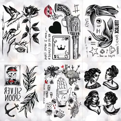 Old School Gun Poker Black Heart Waterproof Temporary Tattoo Sticker Swallow Skull Flash Tattoos Body Art Arm Fake Tatoo Men