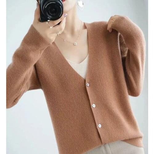 V-neck Knitted Cardigan Womens 2021 Spring And Autumn New Korean Loose Outer Wear Foreign Pure Color Top Long Sleeve Sweater