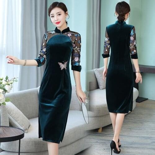 Green Qipao Velvet Cheongsam Dress Midi Elegant Chinese Dresses Lace Sleeve Tea Length Qi Pao Traditional Chinese Dress FF2236