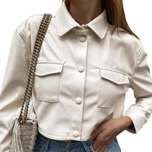 All-Match Stylish Buttons Closure Women Windproof Jacket Faux Leather Motorcycle Jacket Flap Pockets for Daily Wear