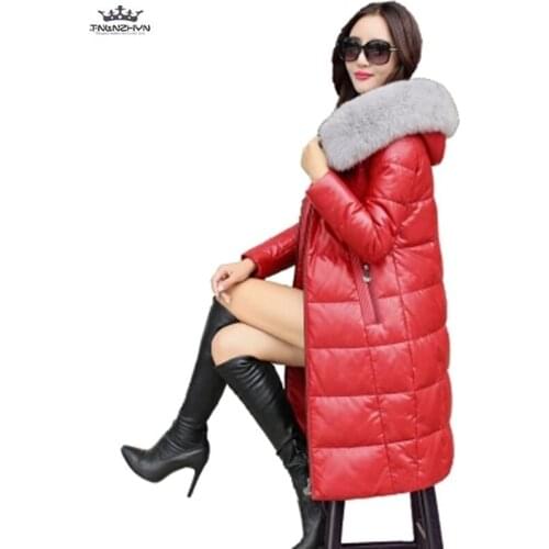 2019 Winter Women Plus Size Down Jackets Warm Hooded Female Coat Fox Fur Collar Slim Long Thick Duck Down Genuine Leather Parka