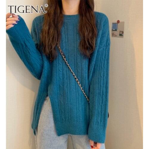 TIGENA Oversized Women Winter Sweater 2021 Korean Casual Solid Side Slit Long Sleeve Knitted Pullover Female Outwear Jumper Tops