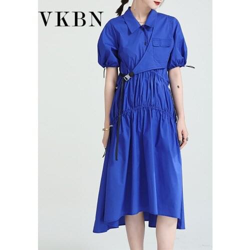 VKBN Summer Dress for Women Blue Folds Turn-down Collar Casual Pullover Puff Sleeve Evening Vestidos De Fiesta