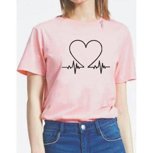 2021 Funny Love Heartbeat Print T Shirt Women Tops Short Sleeve Harajuku Shirt Tee Shirt Femme Casual Plus Size Camiseta Mujer