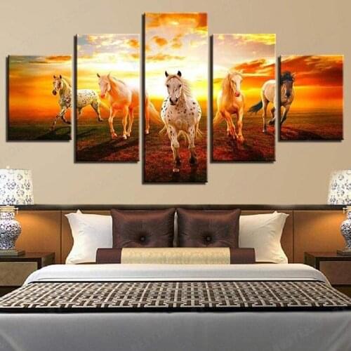 5 Panel Sunset Running Horses Decoration Bathroom Living Room Bedroom Kitchen Canvas Painting Framed