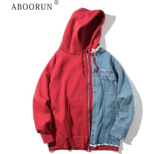 ABOORUN 2021 Mens Harajuku Sweatshirts Denim Patchwork Hoodies Fake Two Pieces Coat for Couples
