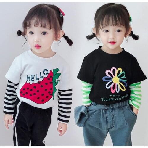 Girls Cartoon T-Shirt Splice Striped Long-sleeve Baby Kids Bottoming Shirt for Children Clothes New Spring Girl Tops