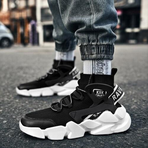 Big Size High-top Breathable Sports Shoes Men Sport Shoes Men Brand Sneakers Socks Mens Running Shoes Black Knit Footwear E-742
