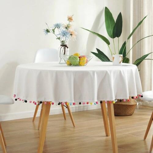 Fuzzy bull tassel Table Cloth Cotton Linen Wrinkle Free Anti-Fading Tablecloths Washable Table Cover for Kitchen Dinning Party