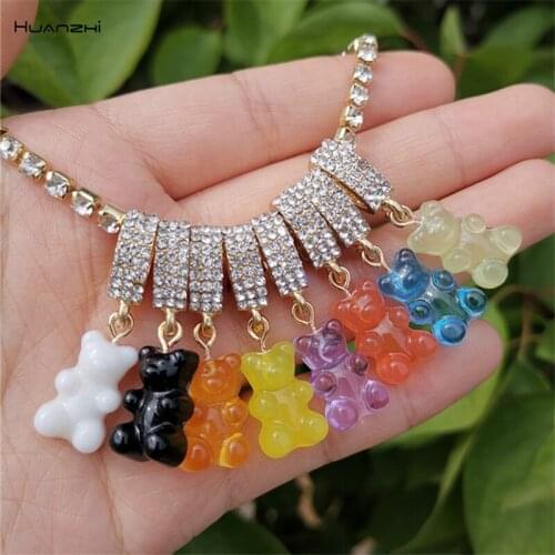 HUANZHI 2021 New Acrylic Resin Transparent Bear Colorful Pendant Rhinestone Necklace Choker INS for Women Girls Travel Jewelry